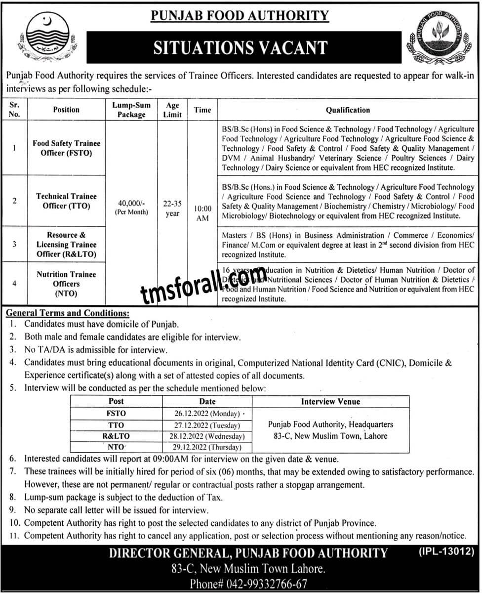 Trainee Officer Jobs In Punjab Food Authority