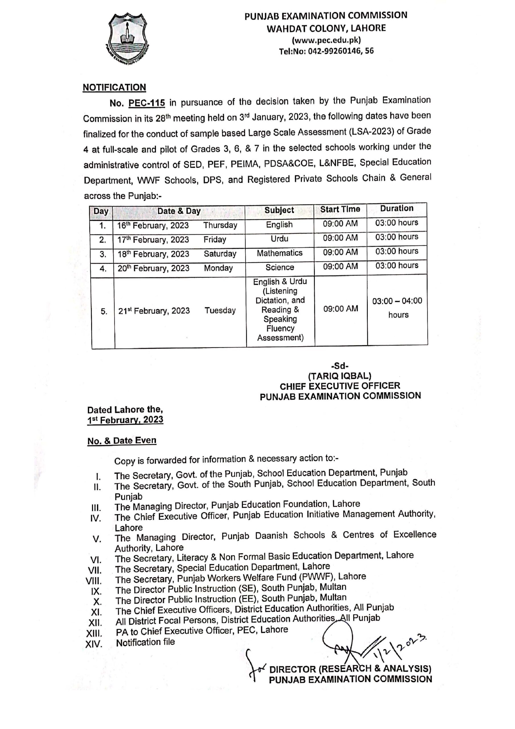 LSA Schedule 2023 and List of the selected schools Teacher Msg