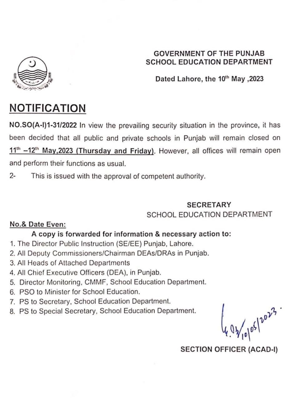 Closure of Schools and Universities in Punjab 