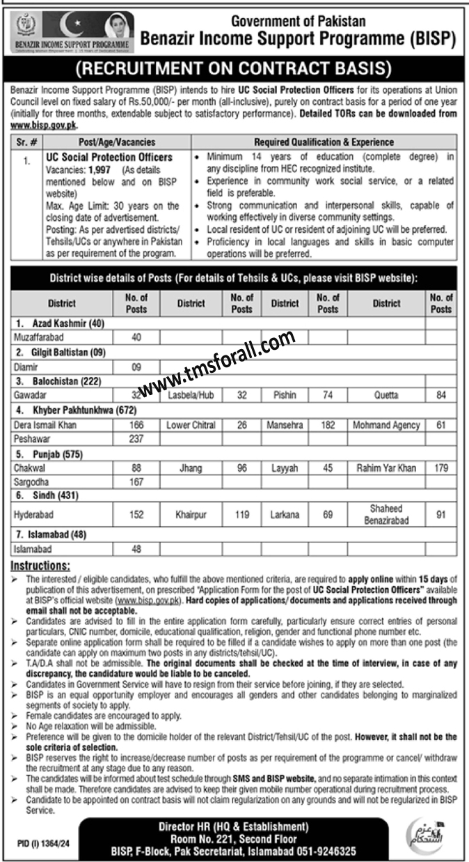 BISP UC Social Protection Officers Jobs 2024