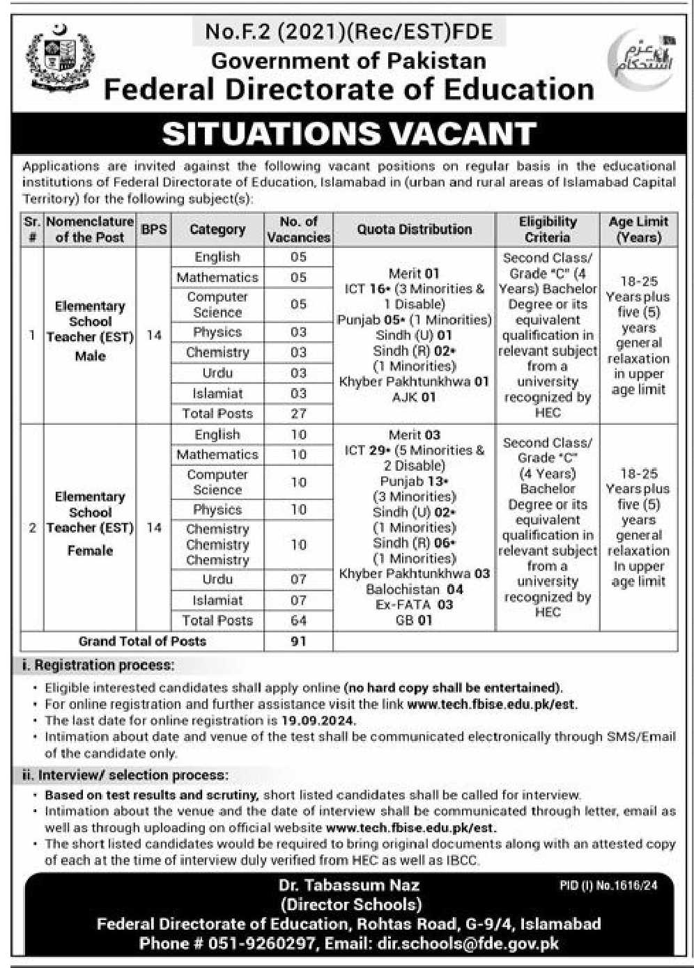 Federal Directorate of Education teaching jobs 2024