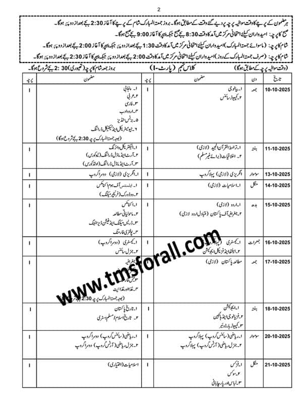 Matric 2nd Annual Date Sheet 2025