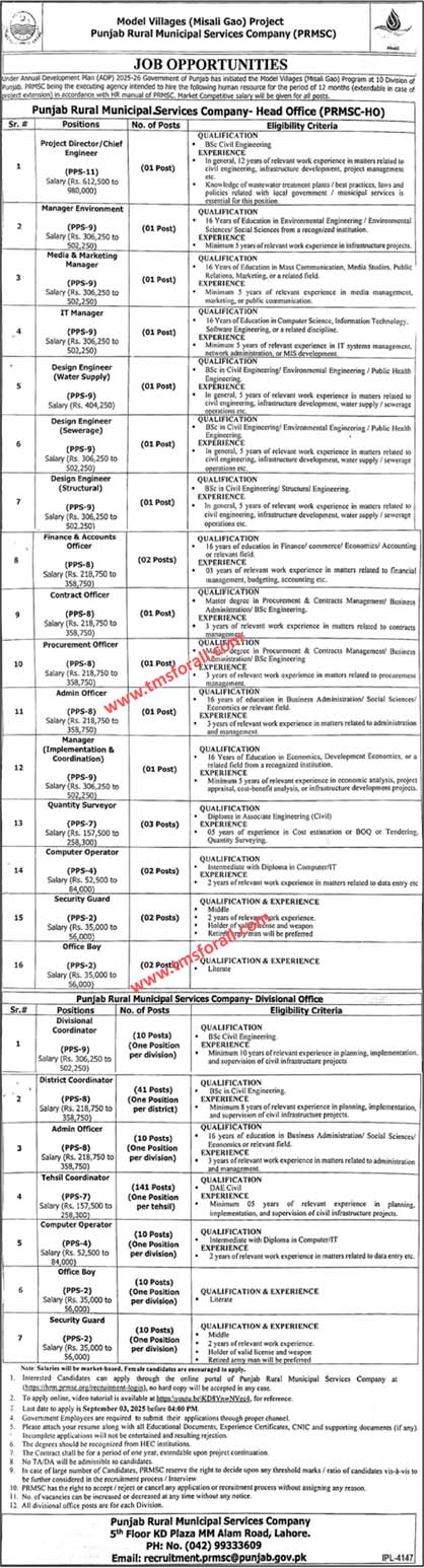Punjab Rural Municipal Services Company Jobs 2025 advertisement