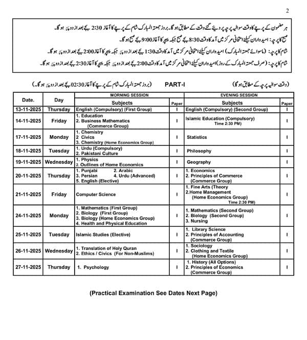 Inter 2nd Annual Date Sheet 2025