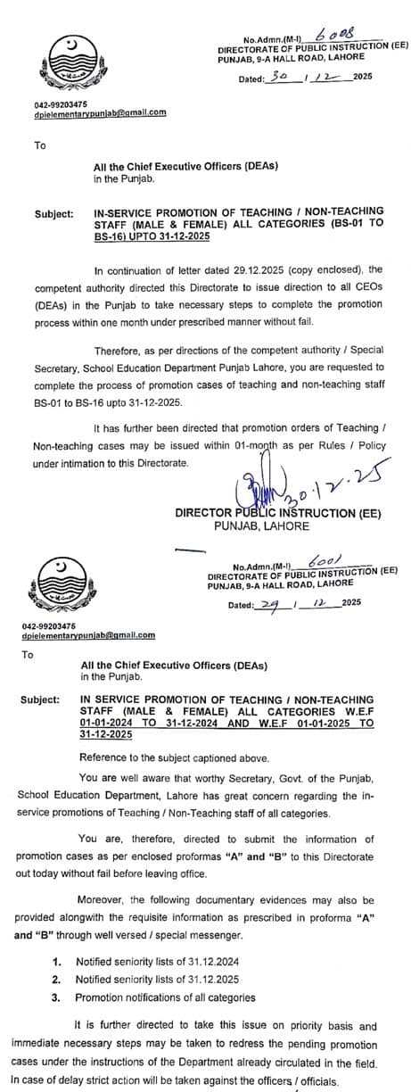 In Service Promotion of Teaching and Non-Teaching Staff 2026