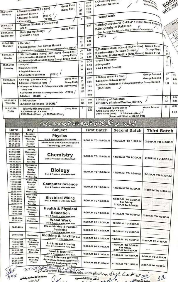 Matric Date Sheet 2026