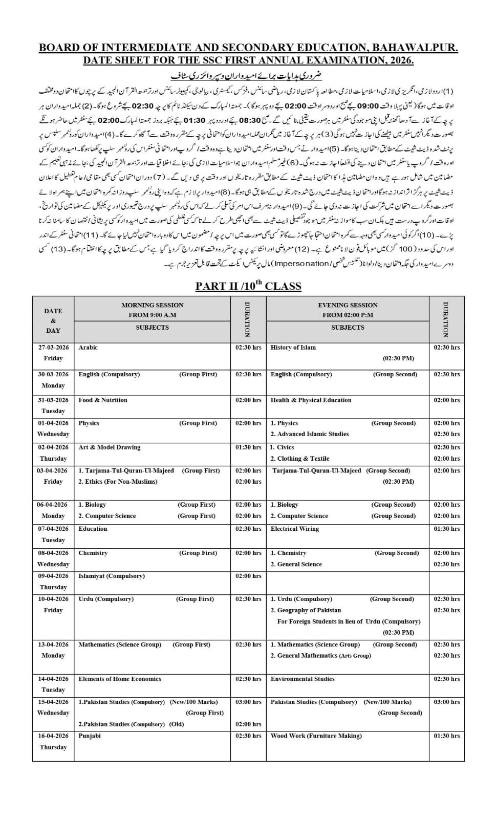 Matric Date Sheet 2026 Rawalpindi Board