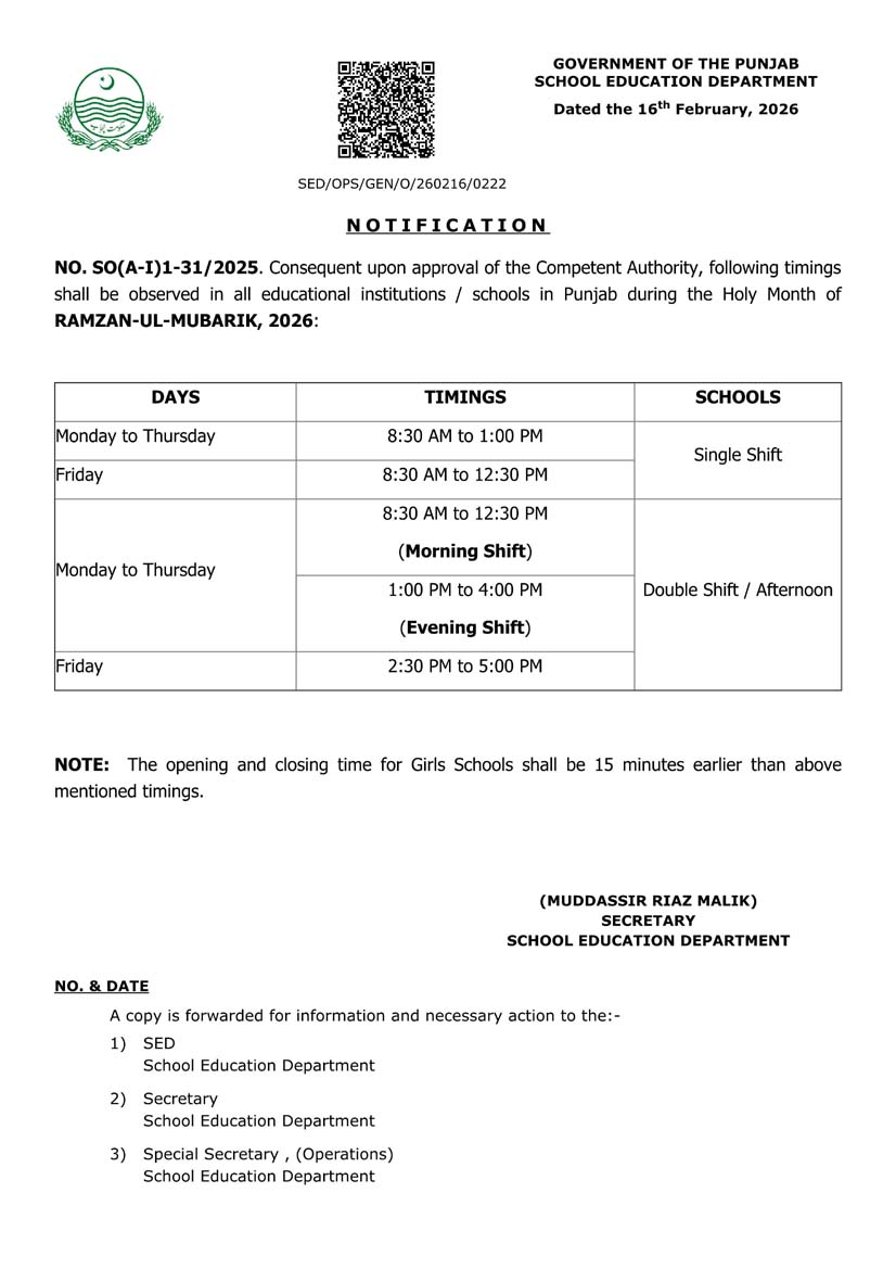 School Timing In Punjab During Ramadan 2026