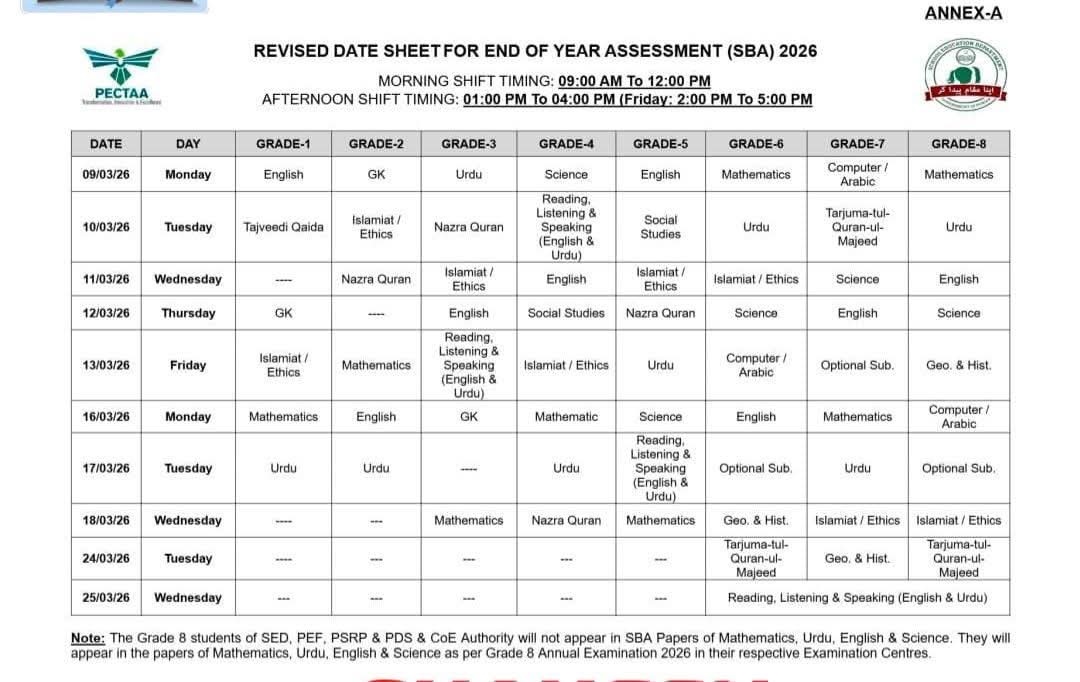 Revised SBA 2026 Exam Schedule