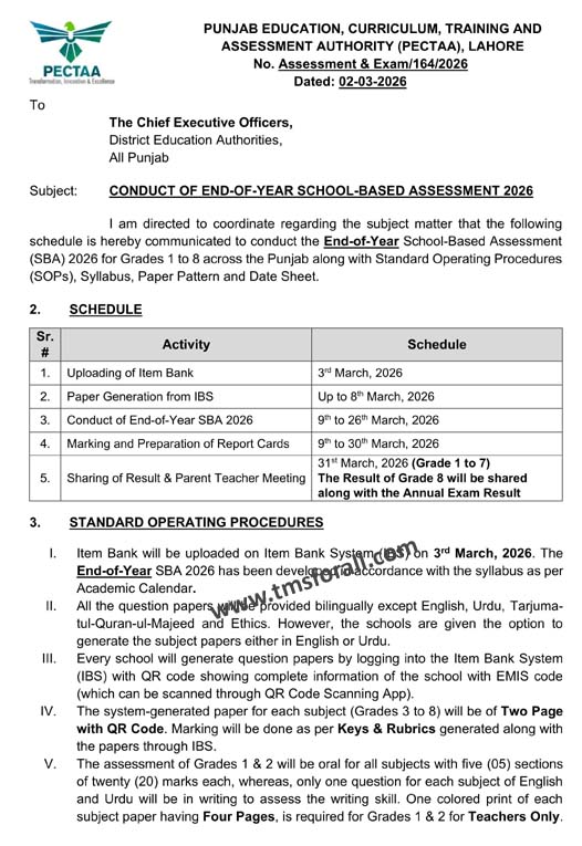 SBA 2026 Exam Schedule
