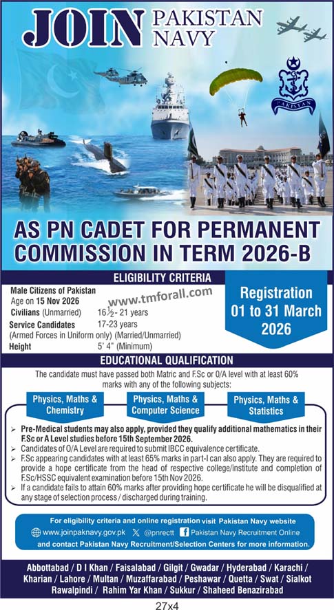 Join Pakistan Navy As PN Cadet 2026