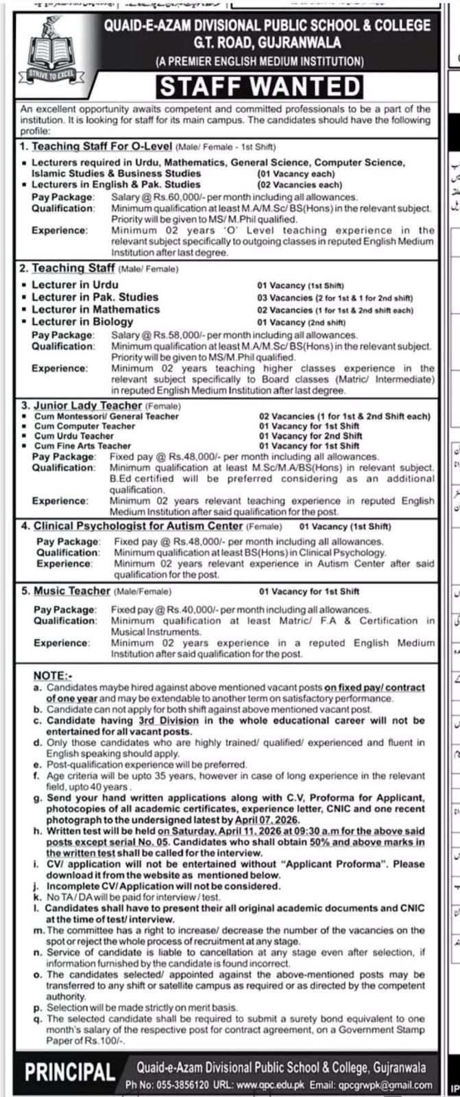 Quaid e Azam Divisional Public School Gujranwala Jobs 2026