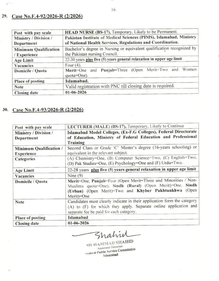 FPSC Advertisement No 2/2026: