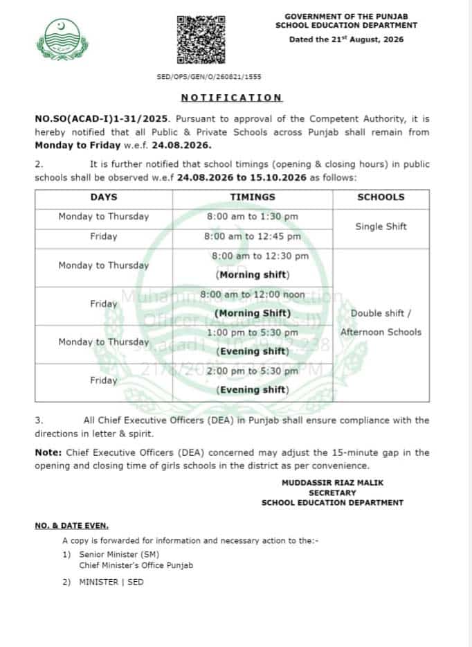 School timing in Punjab after summer vacation