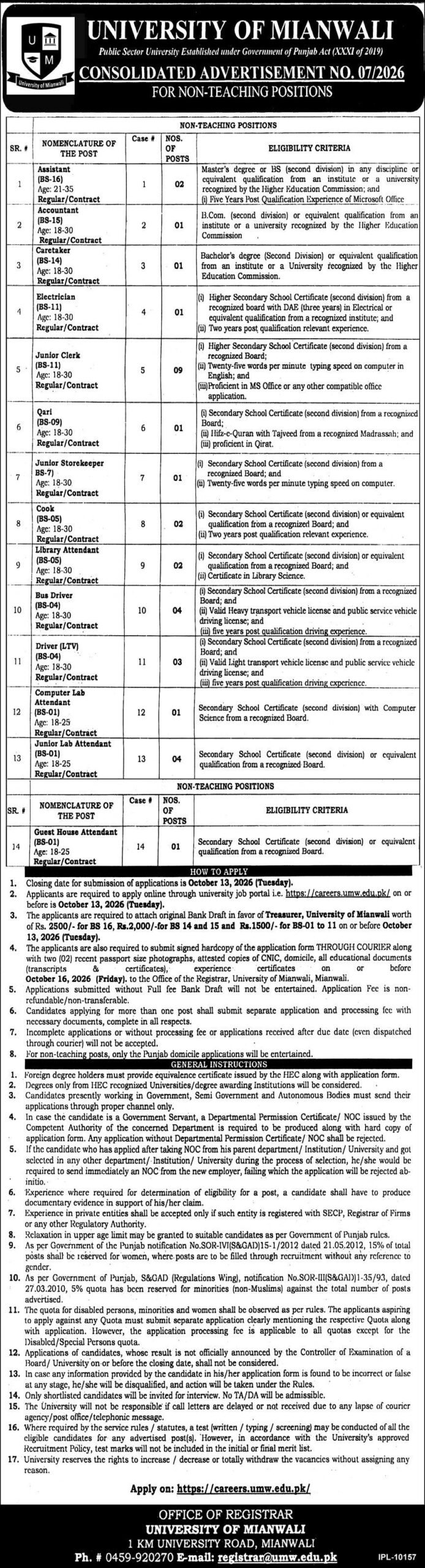 University Of Mianwali Jobs 2026