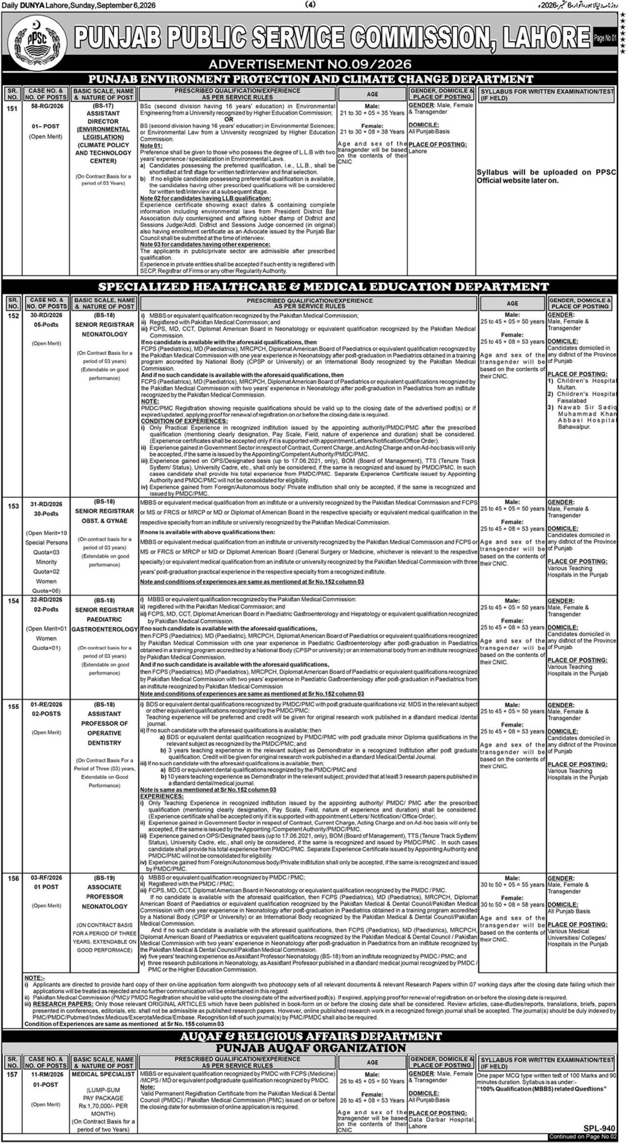 PPSC Advertisement No 9/2026